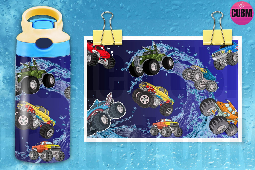 Children's Trucks Kids Flip Top Sippy Cup Tumbler Wrap, 12oz Straight Tumbler Sublimation PNG,  Monster Truck 12oz Tumbler Wrap Design