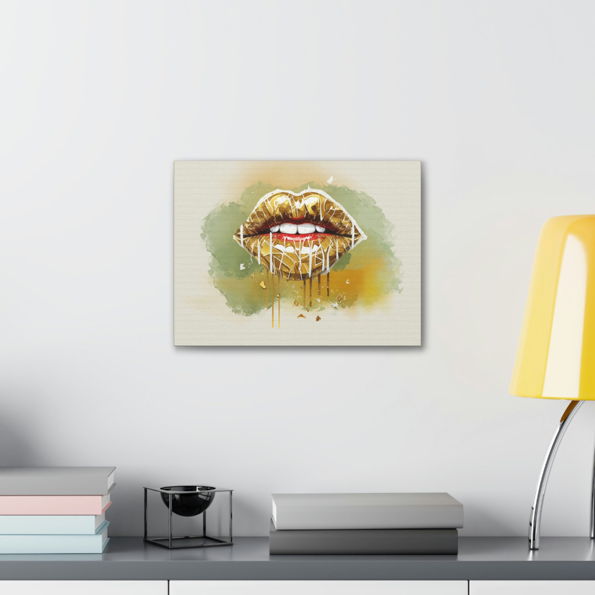 Envy's Kiss: Gold Dripping Lips on a Light Green Backdrop